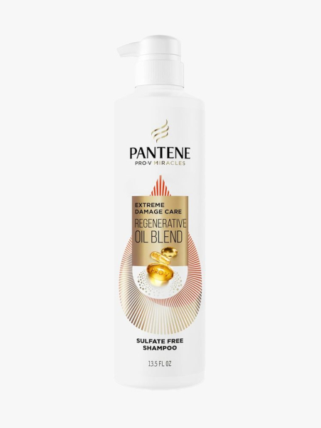 Pantene Extreme Damage Care Regenerative Oil Blend Shampoo in branded component on a light gray background