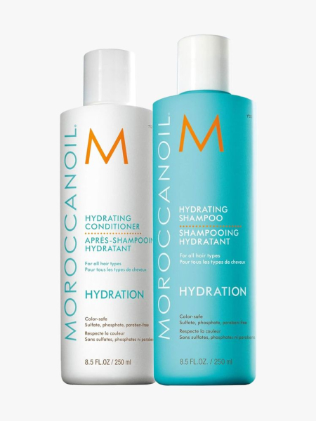 Moroccanoil Hydrating Shampoo and Conditioner in branded component on a light gray background