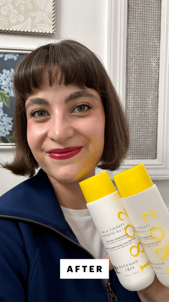 A selfie of Allure senior commerce editor Sarah Felbin after washing her hair with the Beekman 1802 Milk Therapy Peptide...